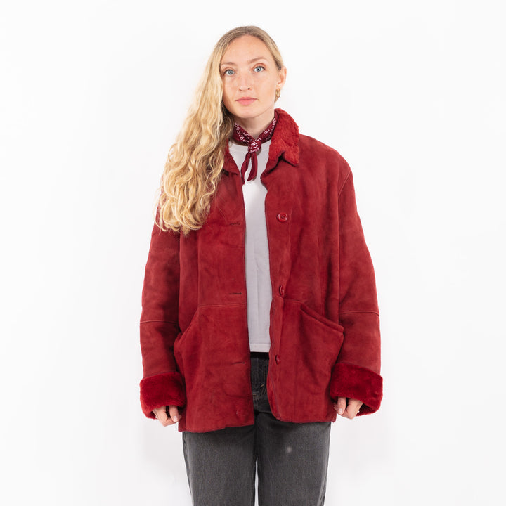 Vintage 90's Women Sheepskin Coat in RedA0645