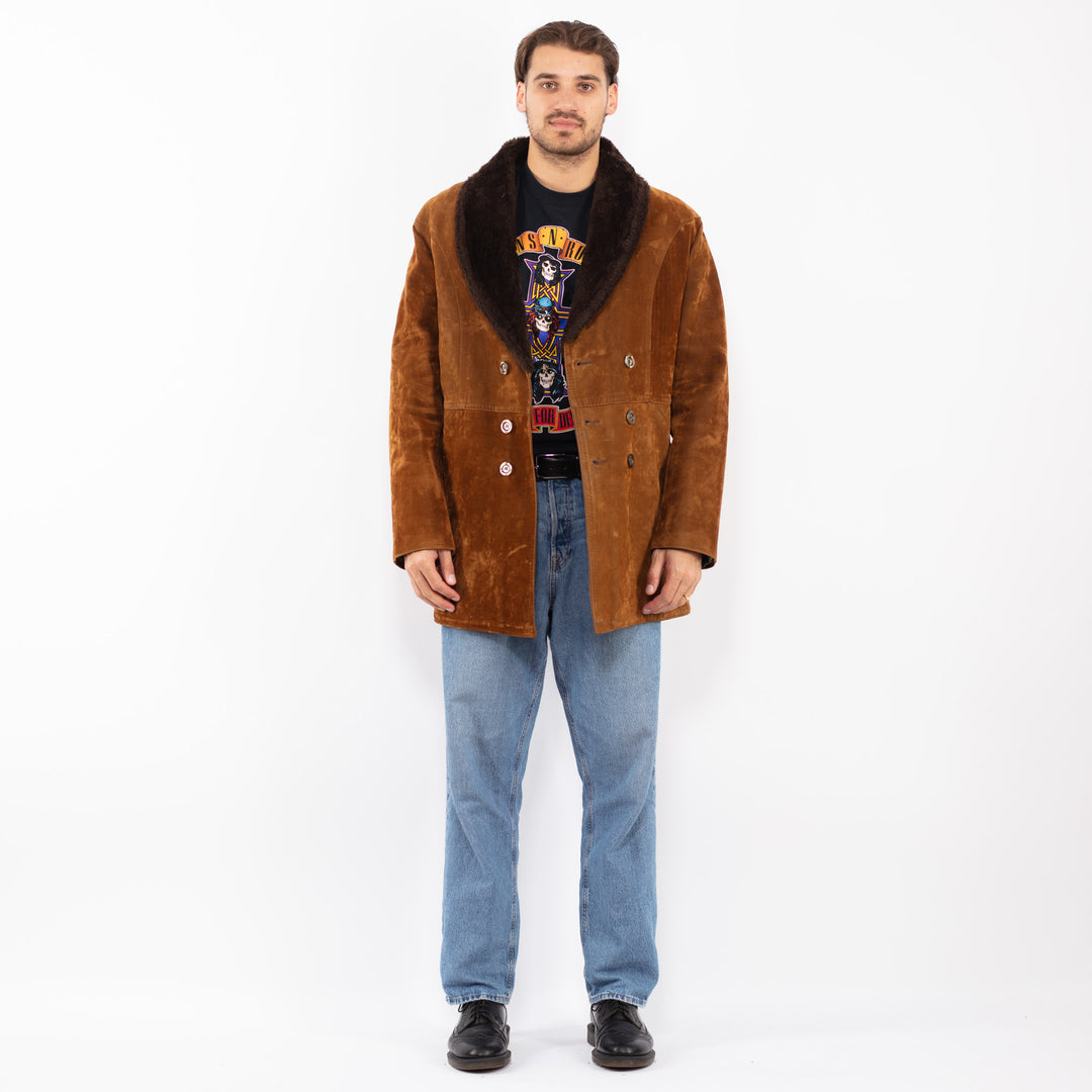 Vintage 90's Men Faux Sheepskin Coat in Brown