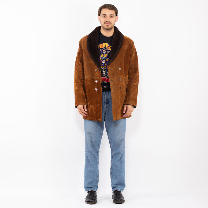 Vintage 90's Men Faux Sheepskin Coat in Brown