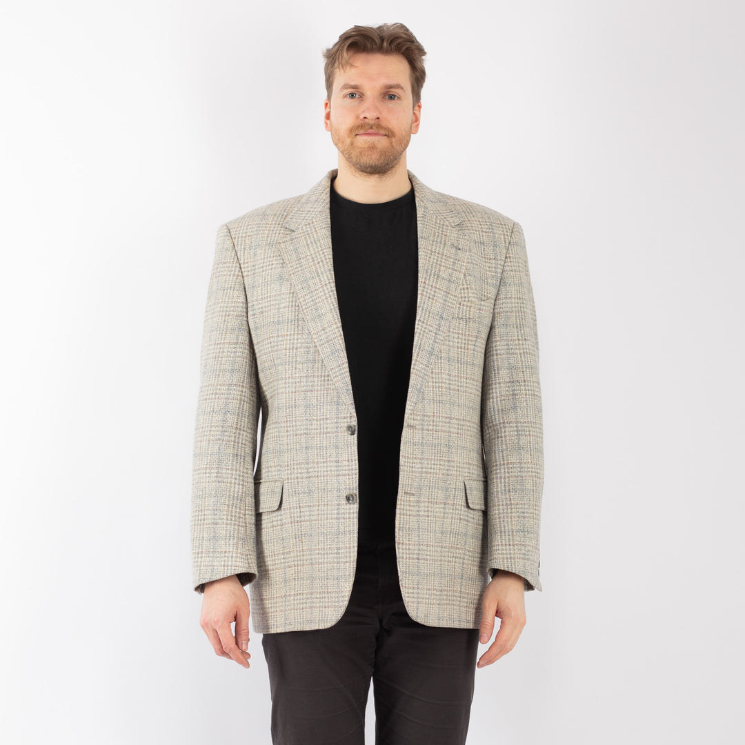 Vintage 90's Men Wool Blazer Jacket in Beige Blue