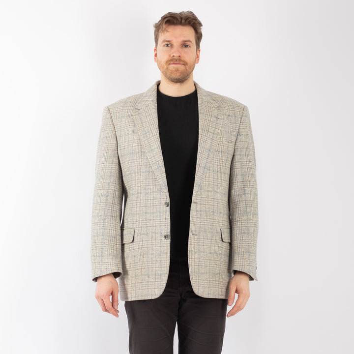 Vintage 90's Men Wool Blazer Jacket in Beige Blue