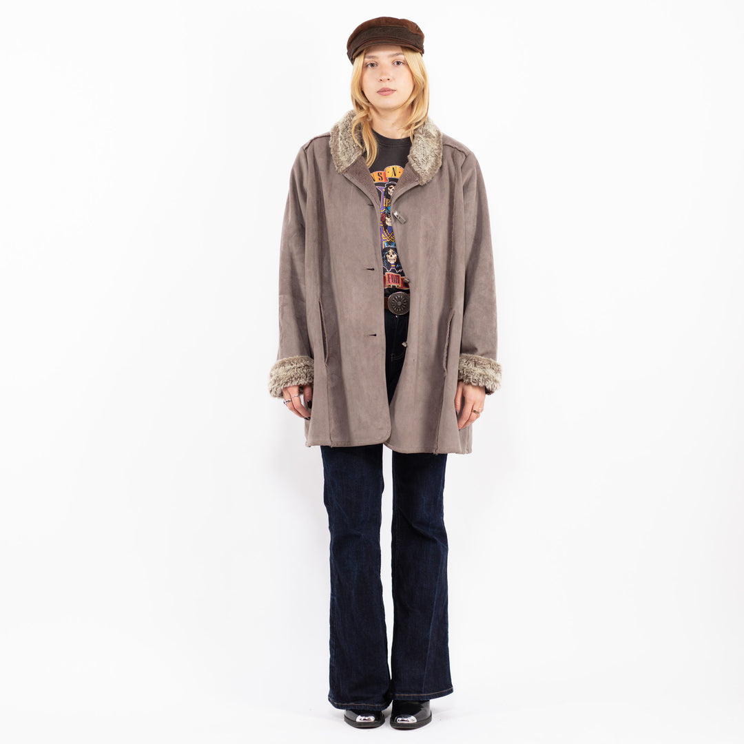 Vintage 00's Women Faux Sheepskin Coat in Gray
