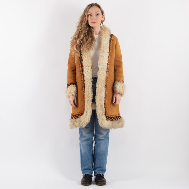 Vintage 70's Women Sheepskin Shearling Coat in Yellow
