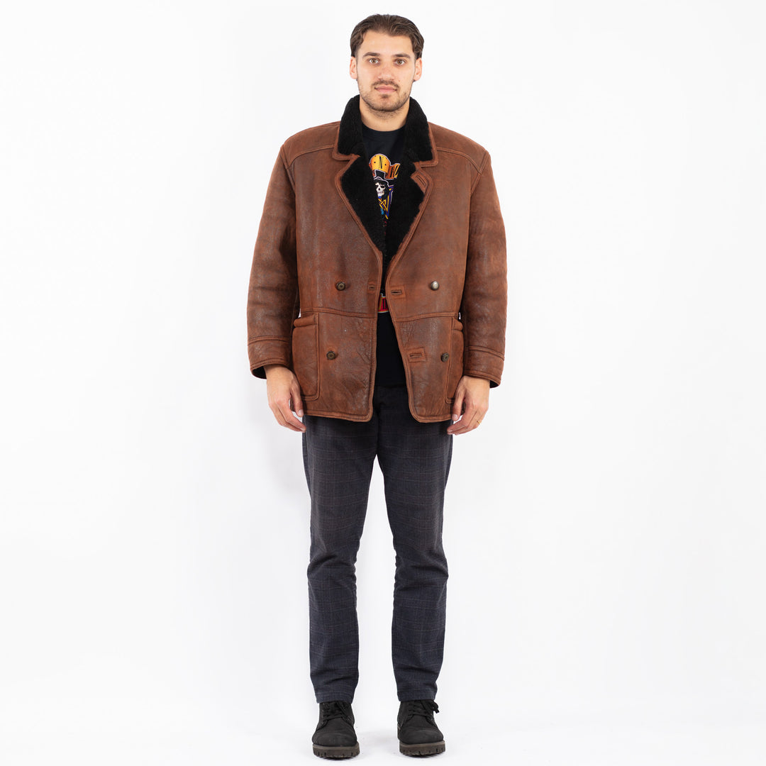 Vintage 80's Men Sheepskin Shearling Coat in BrownZ2409