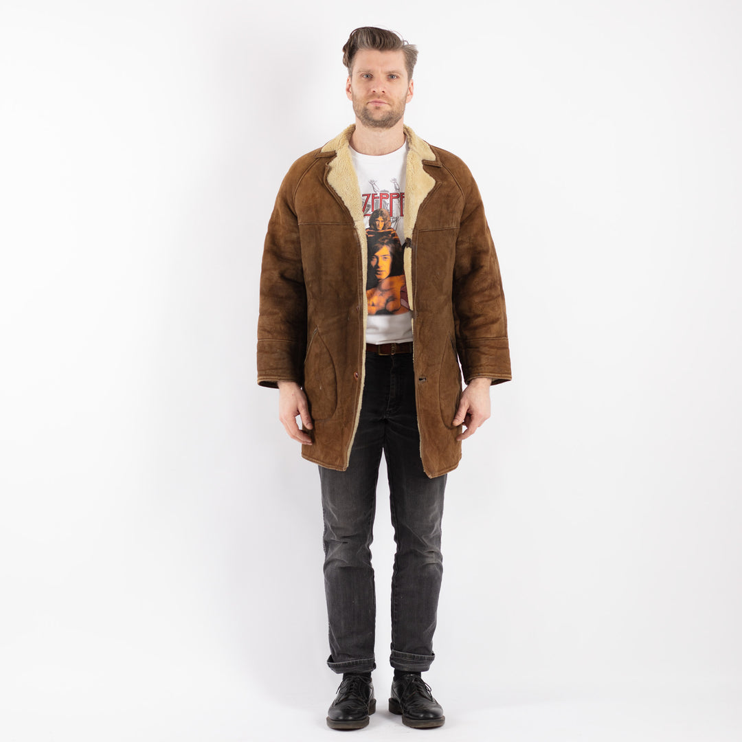 Vintage 70's Men Sheepskin Shearling Coat in Brown