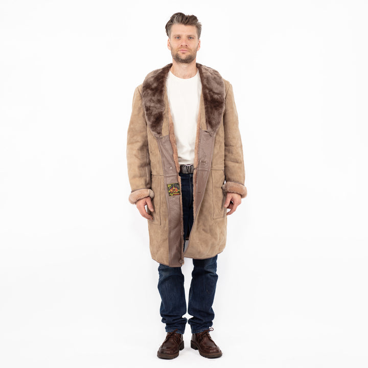 Vintage 70's Men Oversized Sheepskin Coat in Beige