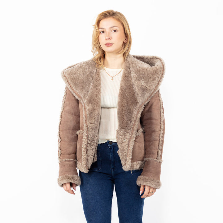 Vintage 90's Hooded Penny Lane Sheepskin Jacket in Beige