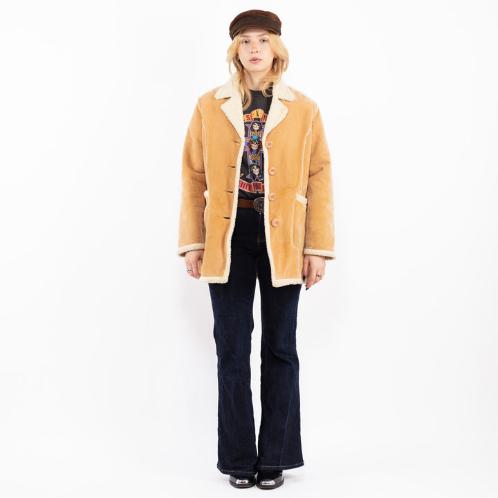 Vintage 90's Women Faux Sheepskin Coat in Light Brown