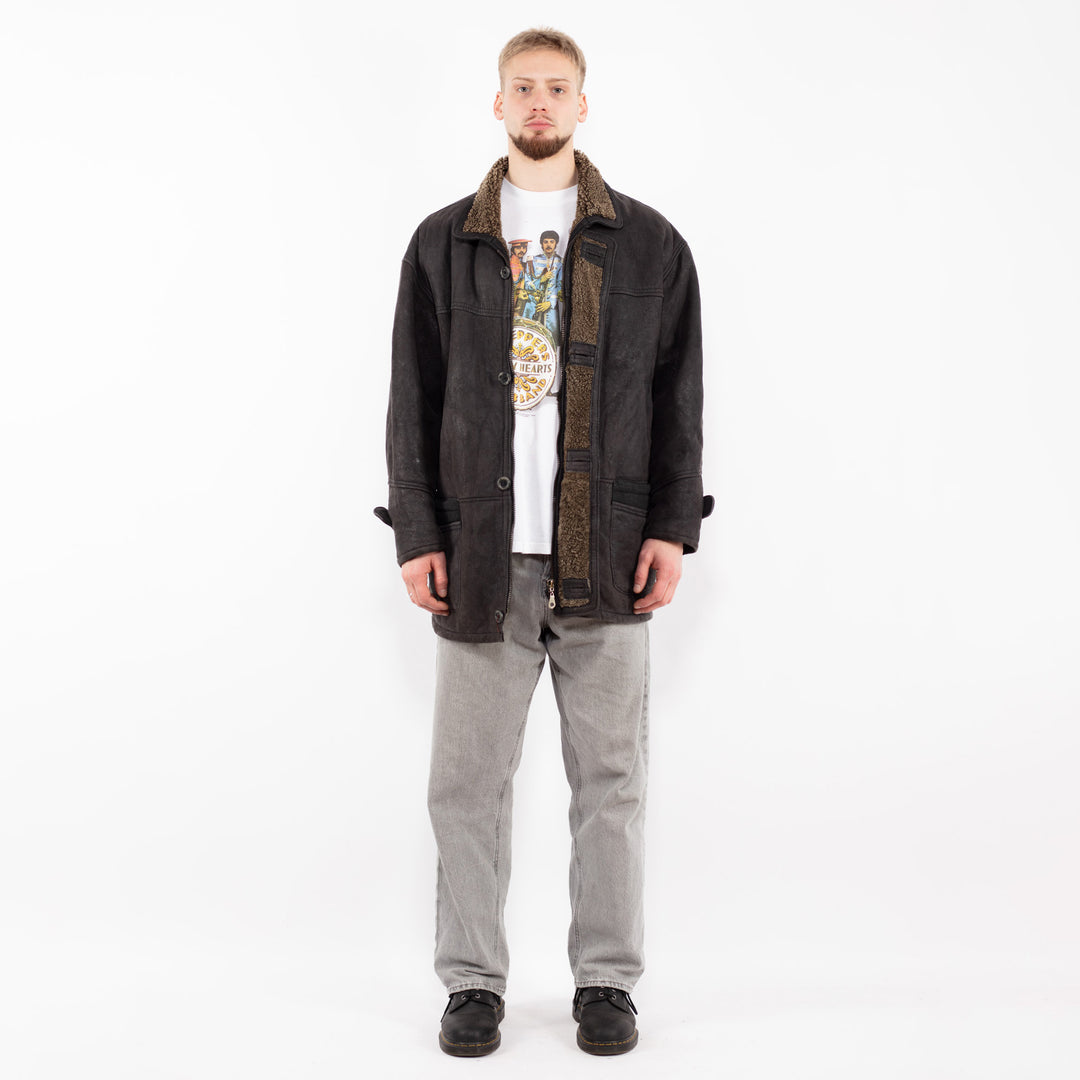 Vintage 90's Men Sheepskin Leather Coat in Black