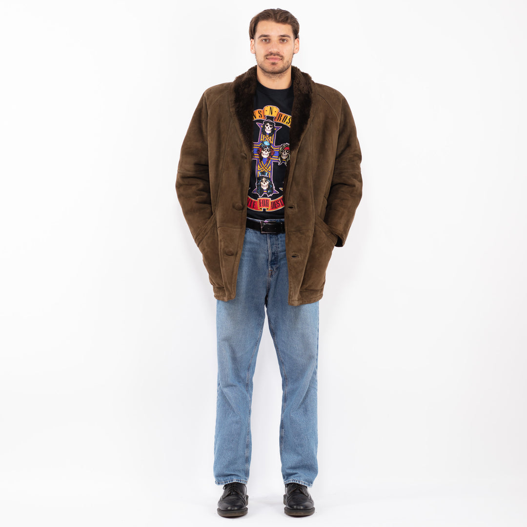 Vintage 80's Men Sheepskin Suede Coat in Moss Brown