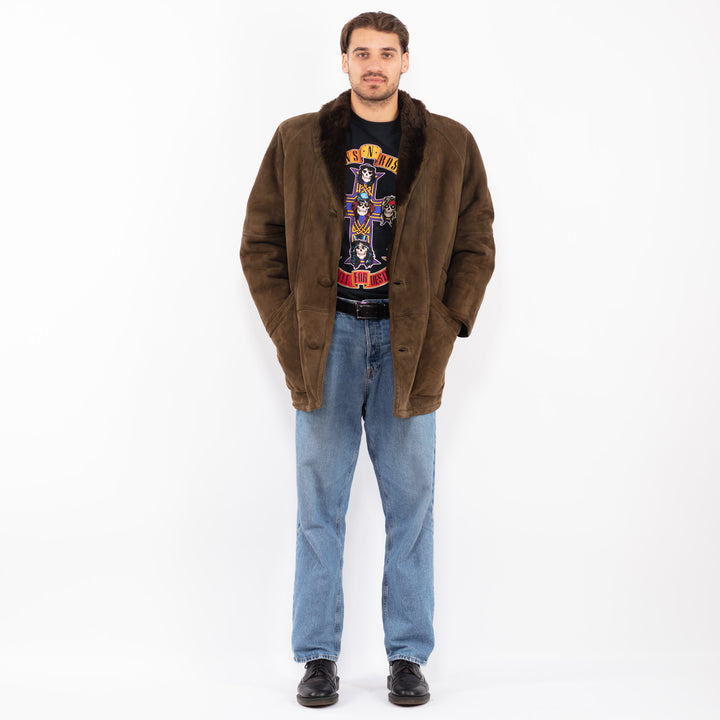 Vintage 80's Men Sheepskin Suede Coat in Moss Brown