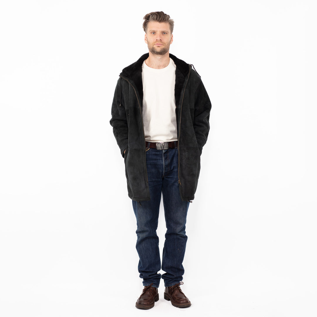 Vintage 90's Men Hooded Sheepskin Coat in Black