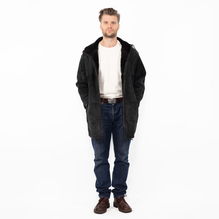 Vintage 90's Men Hooded Sheepskin Coat in Black