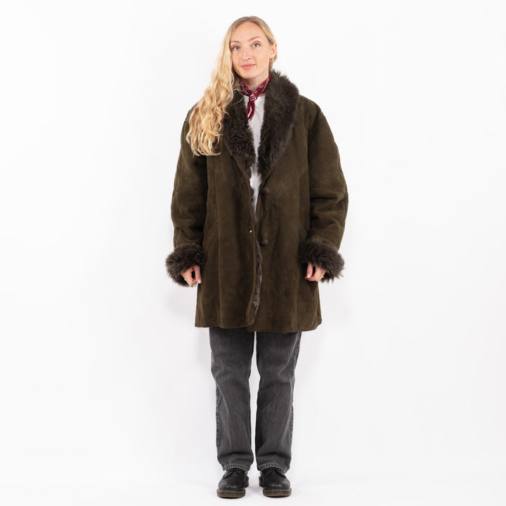 Vintage 80's Women Sheepskin Shearling Coat in GreenA0651