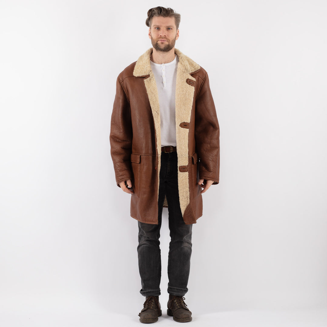 Vintage 70's Men Sheepskin Shearling Coat in BrownZ1001