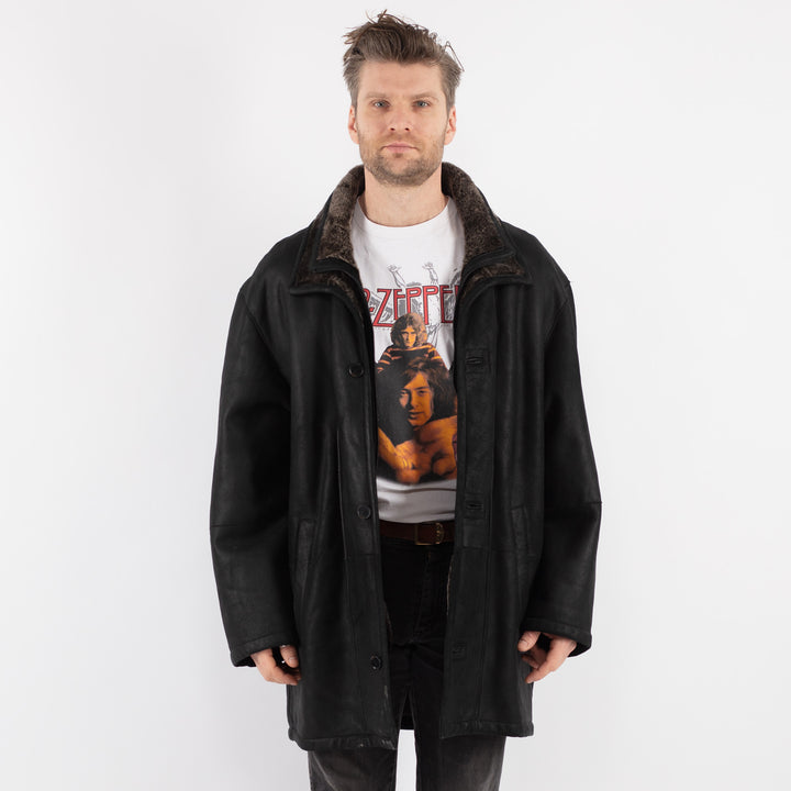 Vintage 90's Men Sheepskin Coat in Black