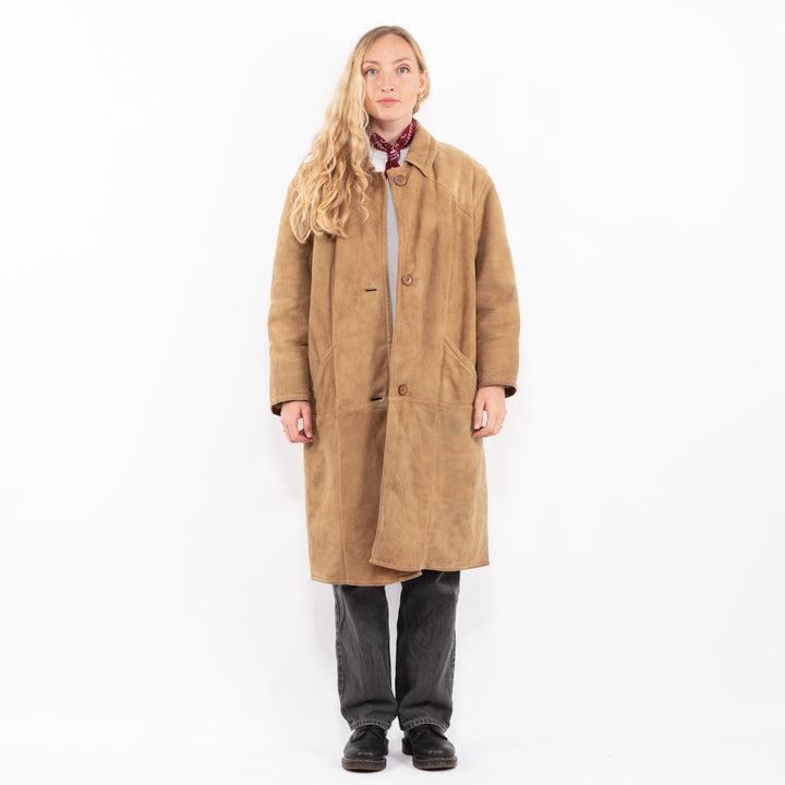 Vintage 70's Women Sheepskin Long Coat in Sand Beige