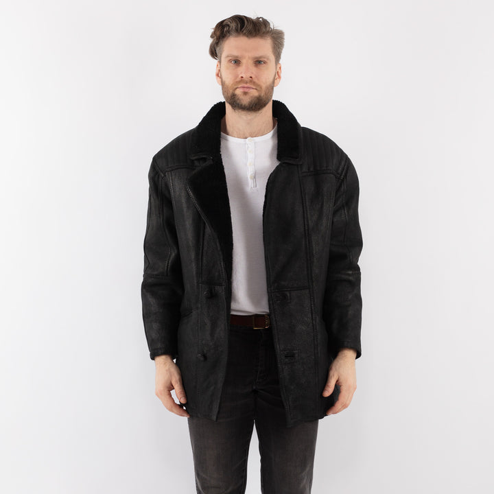 Vintage 80's Men Sheepskin Shearling Coat in BlackZ1002