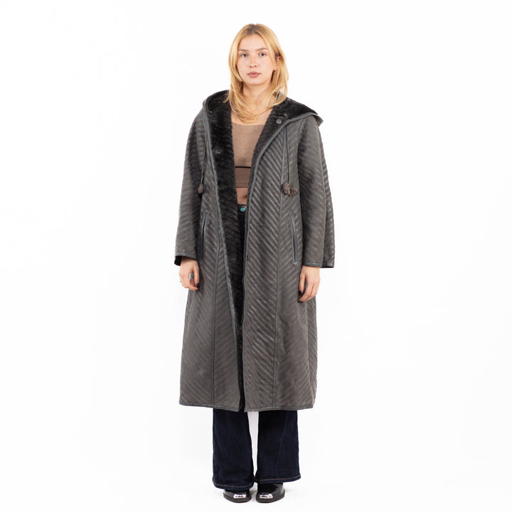 Vintage 80's Women Reversible Sheepskin Long Coat in Gray