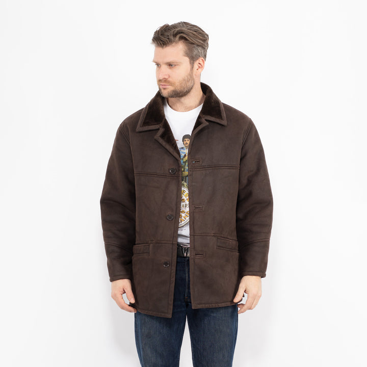 Vintage 90's Men Faux Sheepskin Coat in BrownZ2705