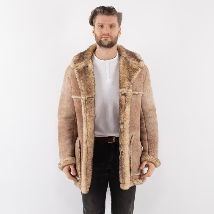 Vintage 70's Men Sheepskin Shearling Coat in BeigeZ1003