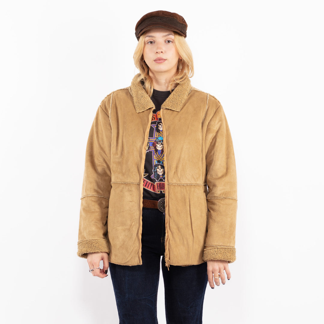 Vintage 90's Women Faux Sheepskin Jacket in Beige
