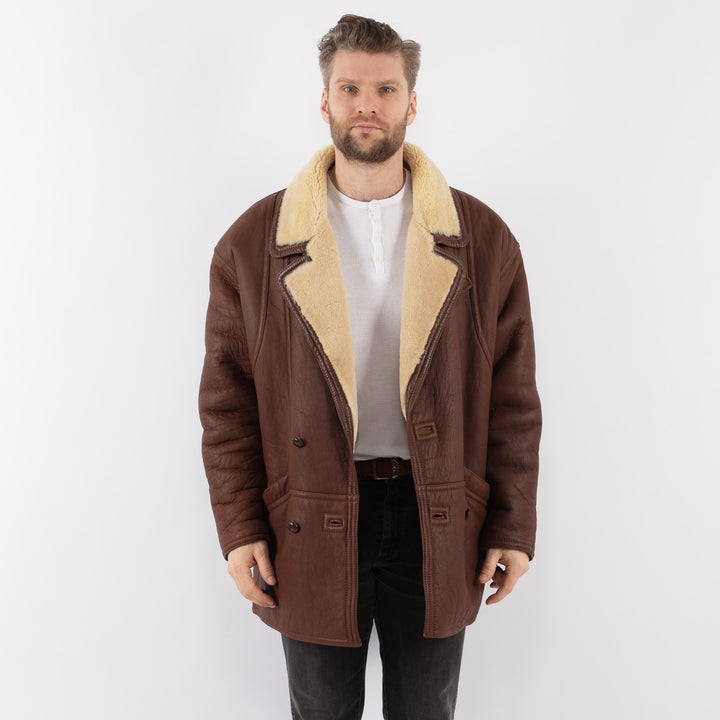 Vintage 80's Men Sheepskin Shearling Coat in BrownZ1004