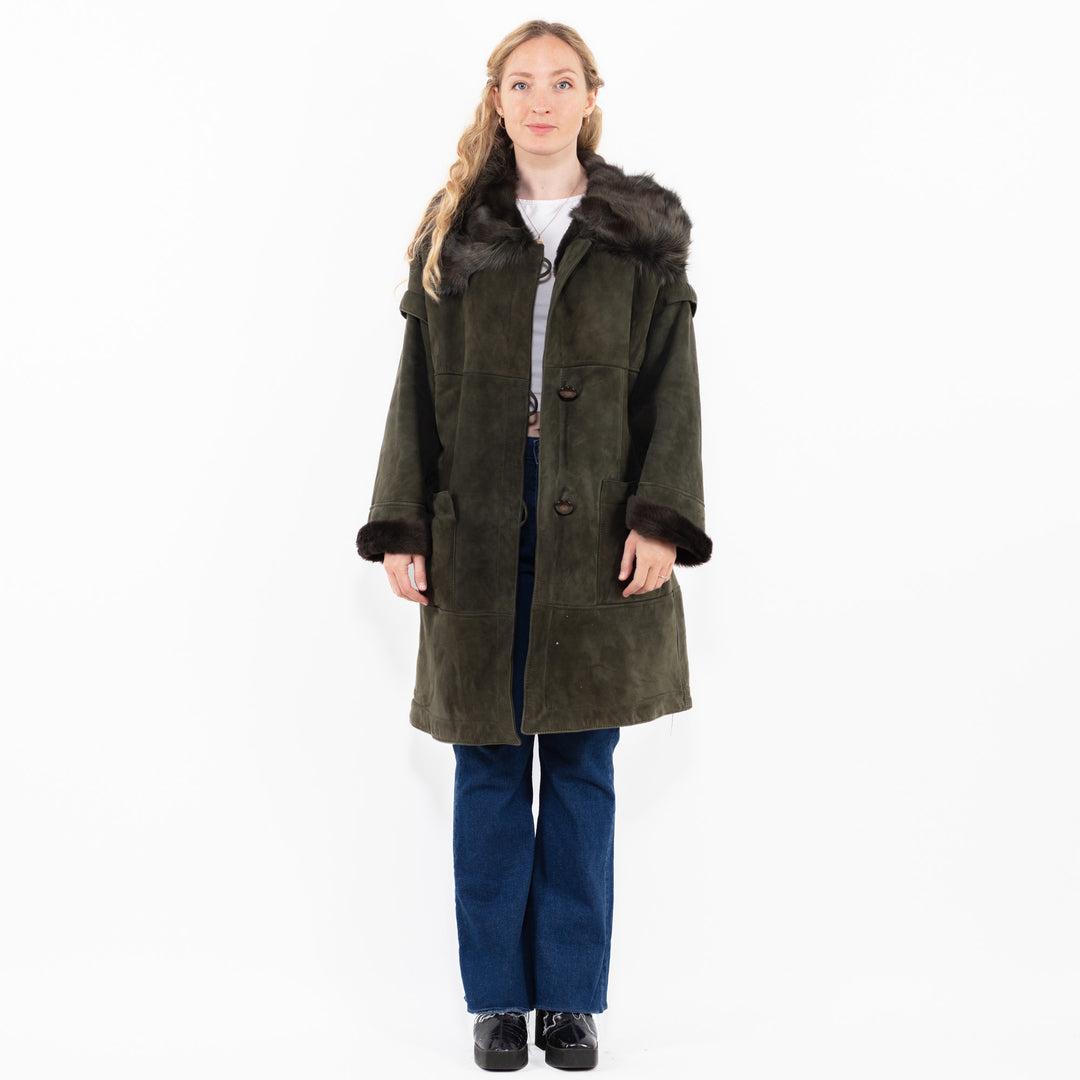 Vintage 80's Women Sheepskin Shearling Coat in GreenA0008