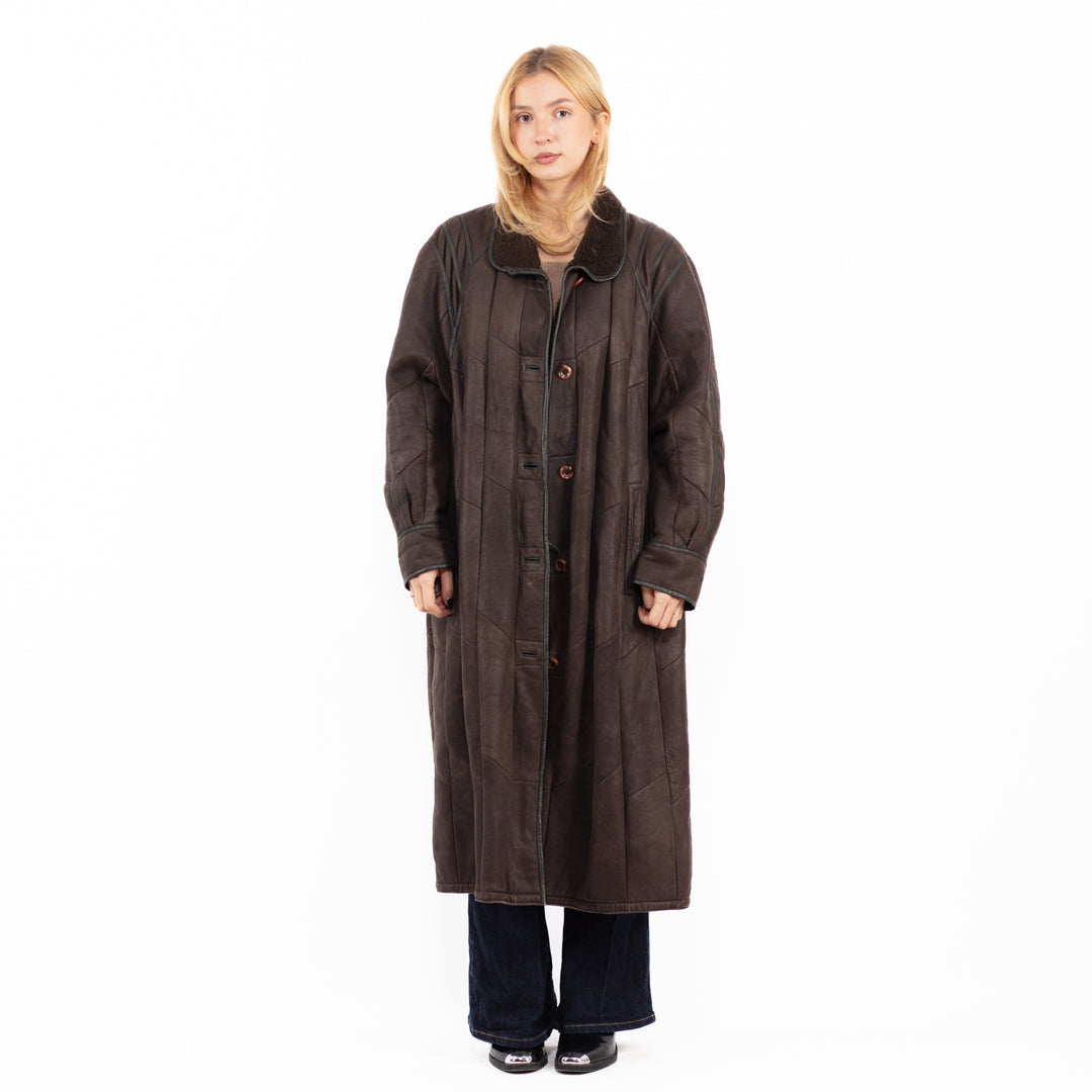 Vintage 90's Women Sheepskin Long Coat in Brown