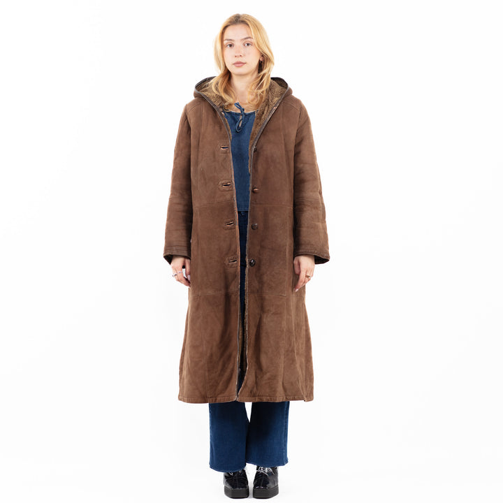 Vintage 80's Women Sheepskin Shearling Coat in Brown