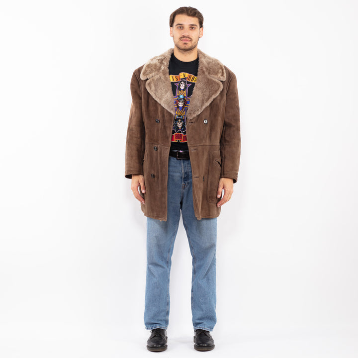 Vintage 70's Men Sheepskin Shearling Coat in Brown