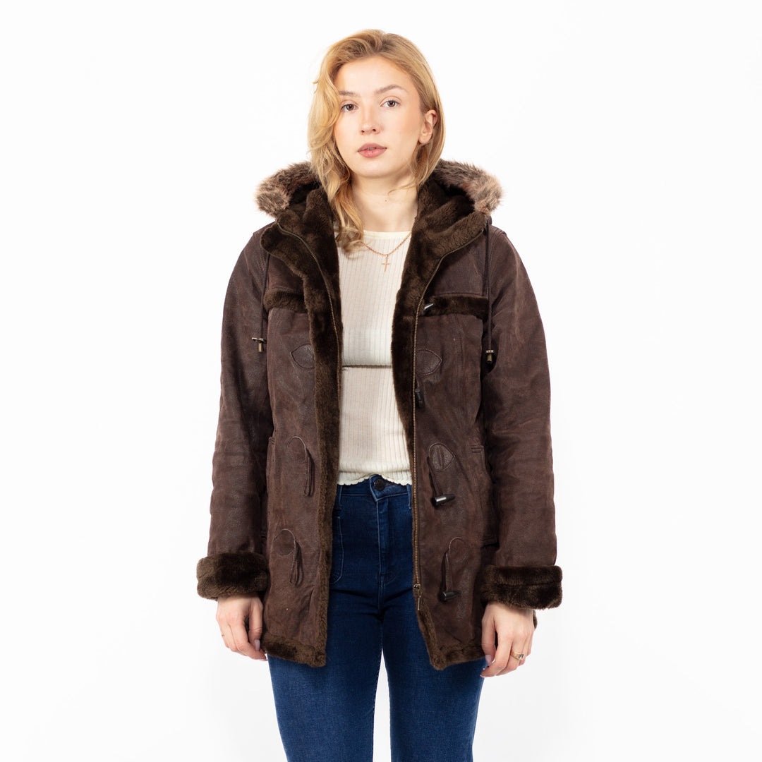 Vintage 90's Women Hooded Suede Sherpa Coat in Brown