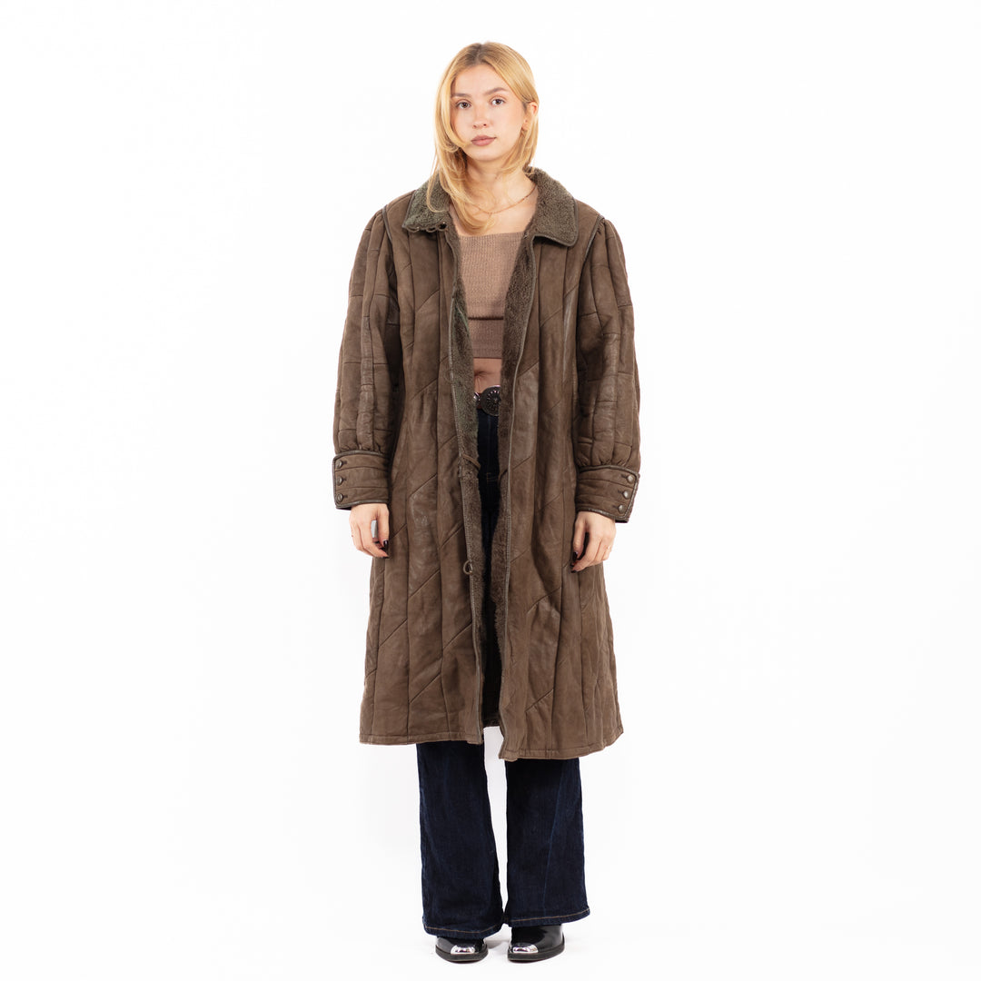Vintage 90's Women Sheepskin Long Coat in Brown