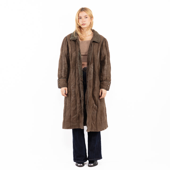 Vintage 90's Women Sheepskin Long Coat in Brown