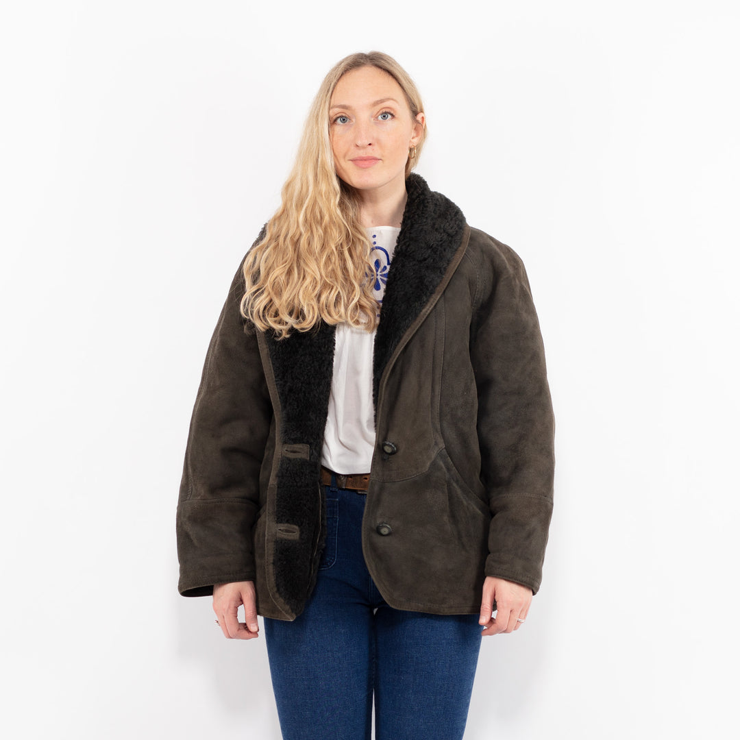 Vintage 80's Women Sheepskin Shearling Coat in Gray