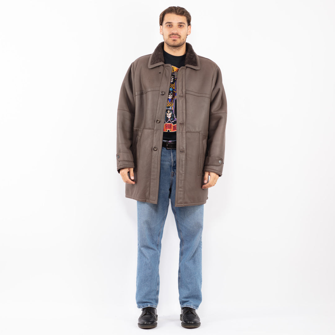 Vintage 80's Men Sheepskin Coat in Gray Brown