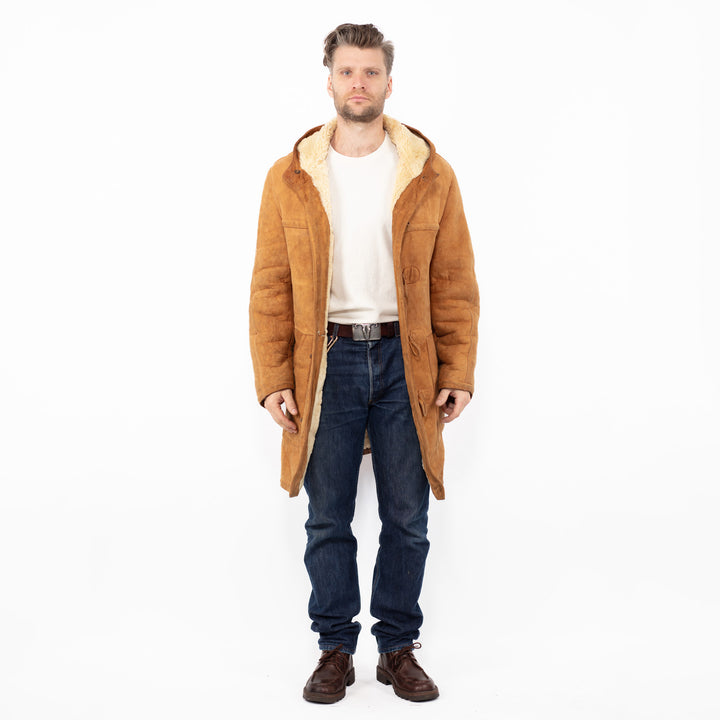 Vintage 90's Men Hooded Sheepskin Coat in Brown