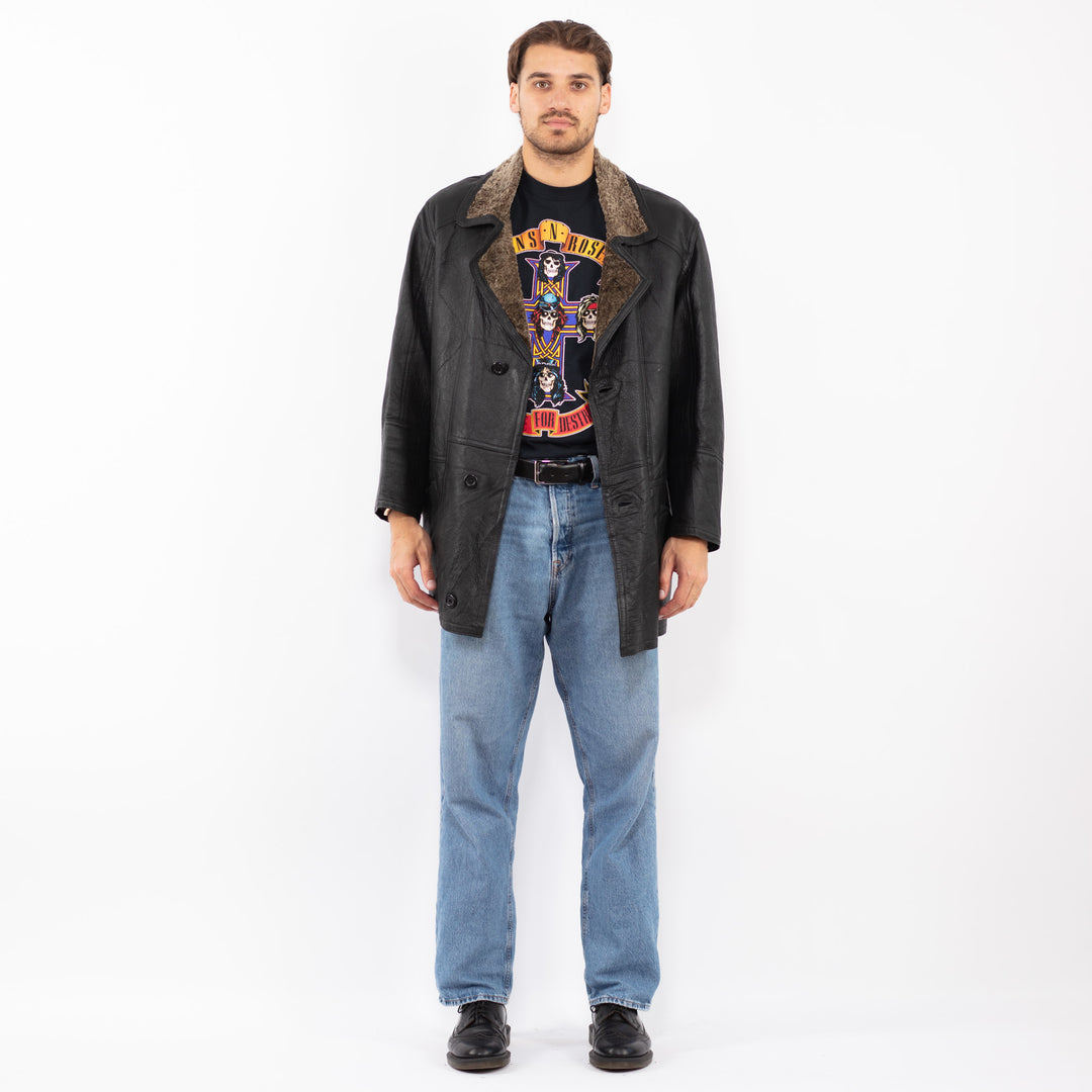 Vintage 90's Men Sheepskin Coat in Black