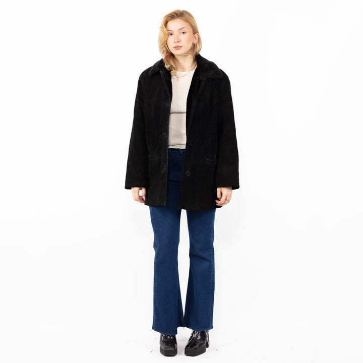 Vintage 90's Women Suede Sherpa Coat in BlackA0823