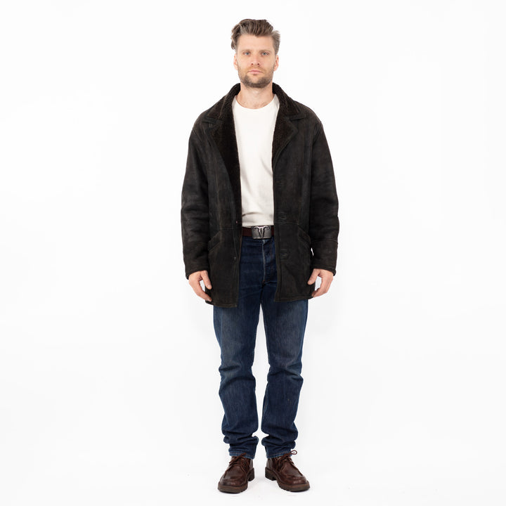 Vintage 90's Men Sheepskin Coat in Faded Black