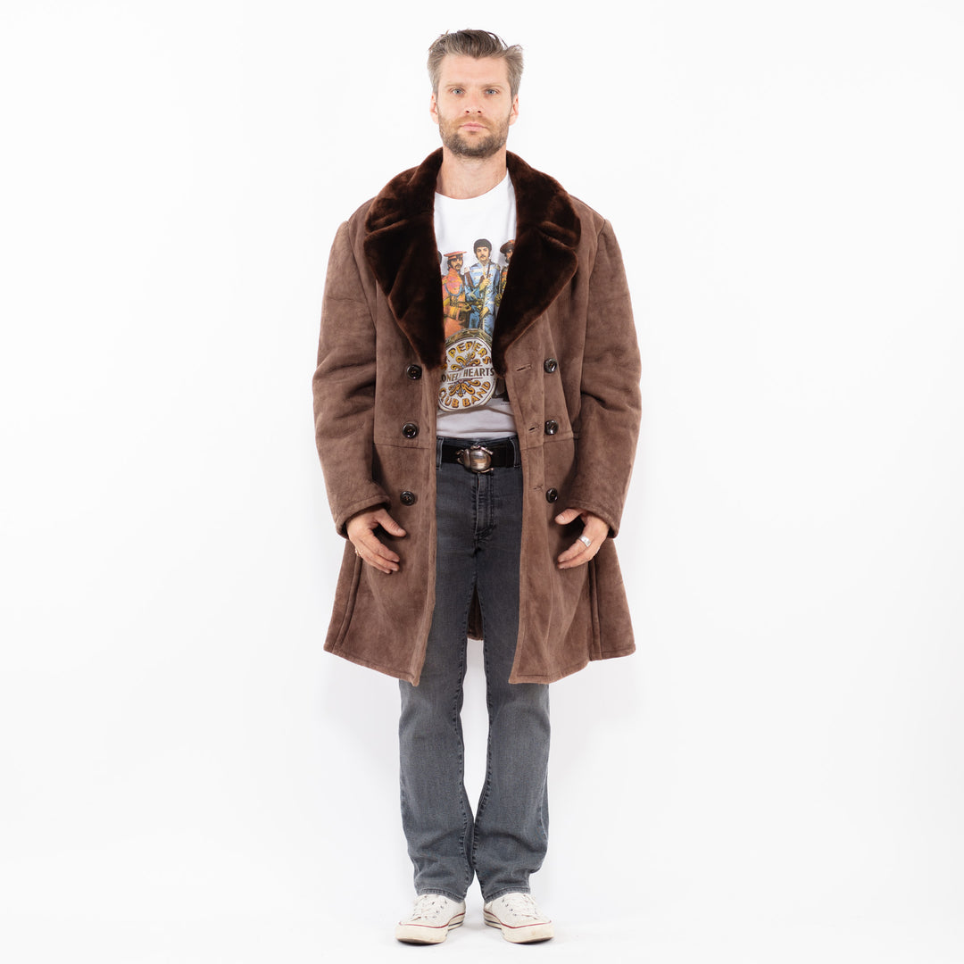 Vintage 70's Men Sheepskin Shearling Coat in BrownZ1979