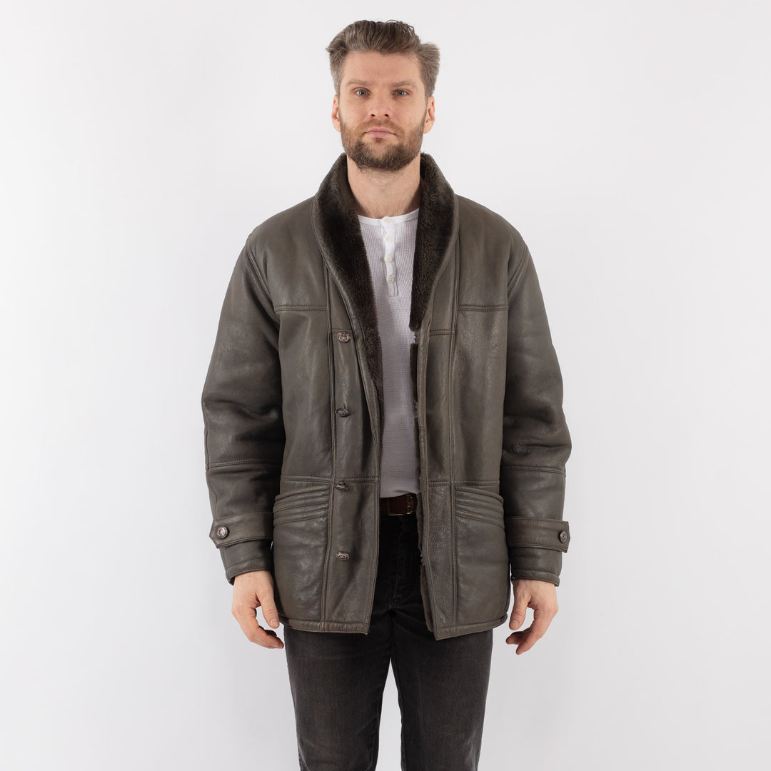 Vintage 80's Men Sheepskin Shearling Coat in GrayZ1009