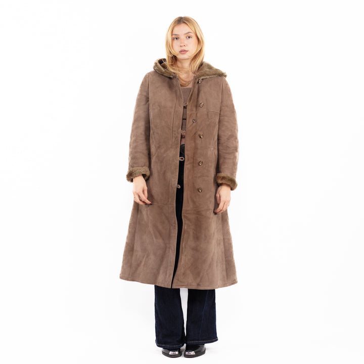 Vintage 70's Women Hooded Sheepskin Long Coat in Brown