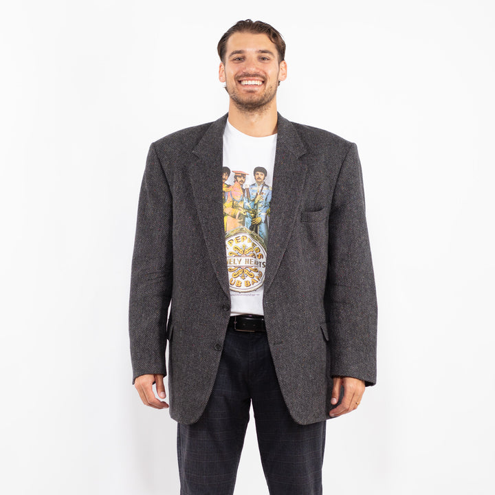 Vintage 90's Men Oversized Wool Blazer Jacket in Gray