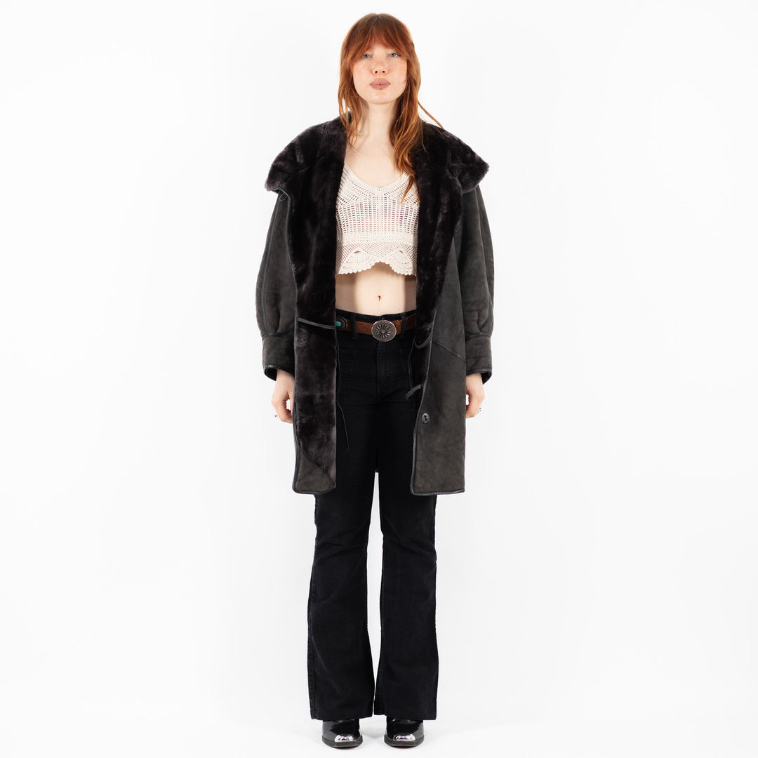 Vintage 80's Women Sheepskin Coat in GrayV9812
