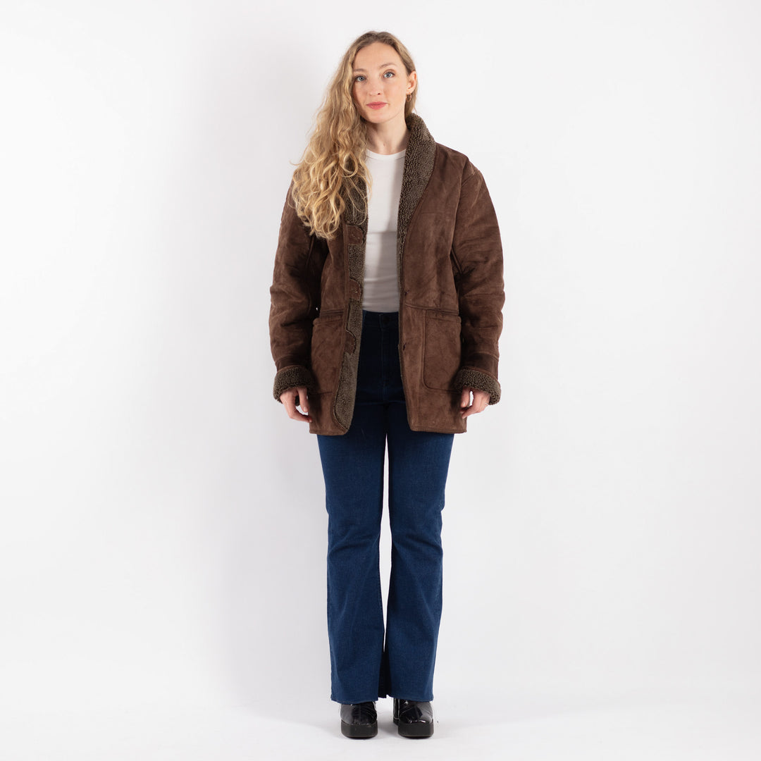 Vintage 90's Women Suede Sherpa Coat in Brown