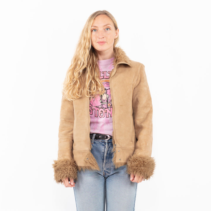 Vintage 90's Women Faux Sheepskin Jacket in BeigeA0565