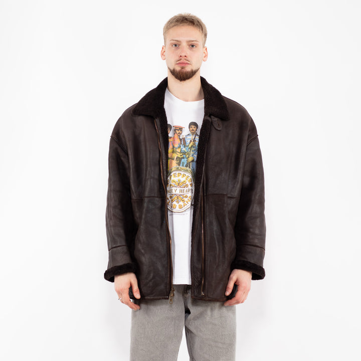 Vintage 90's Men Sheepskin Leather Coat in Brown
