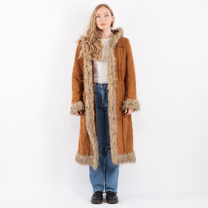Vintage 90's Women Faux Sheepskin Coat in BrownV9509