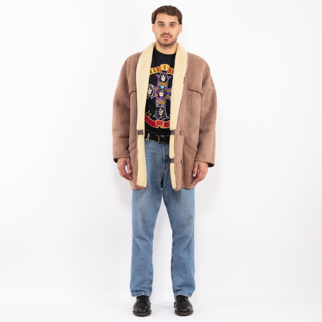 Vintage 80's Men Sheepskin Shearling Coat in Brown
